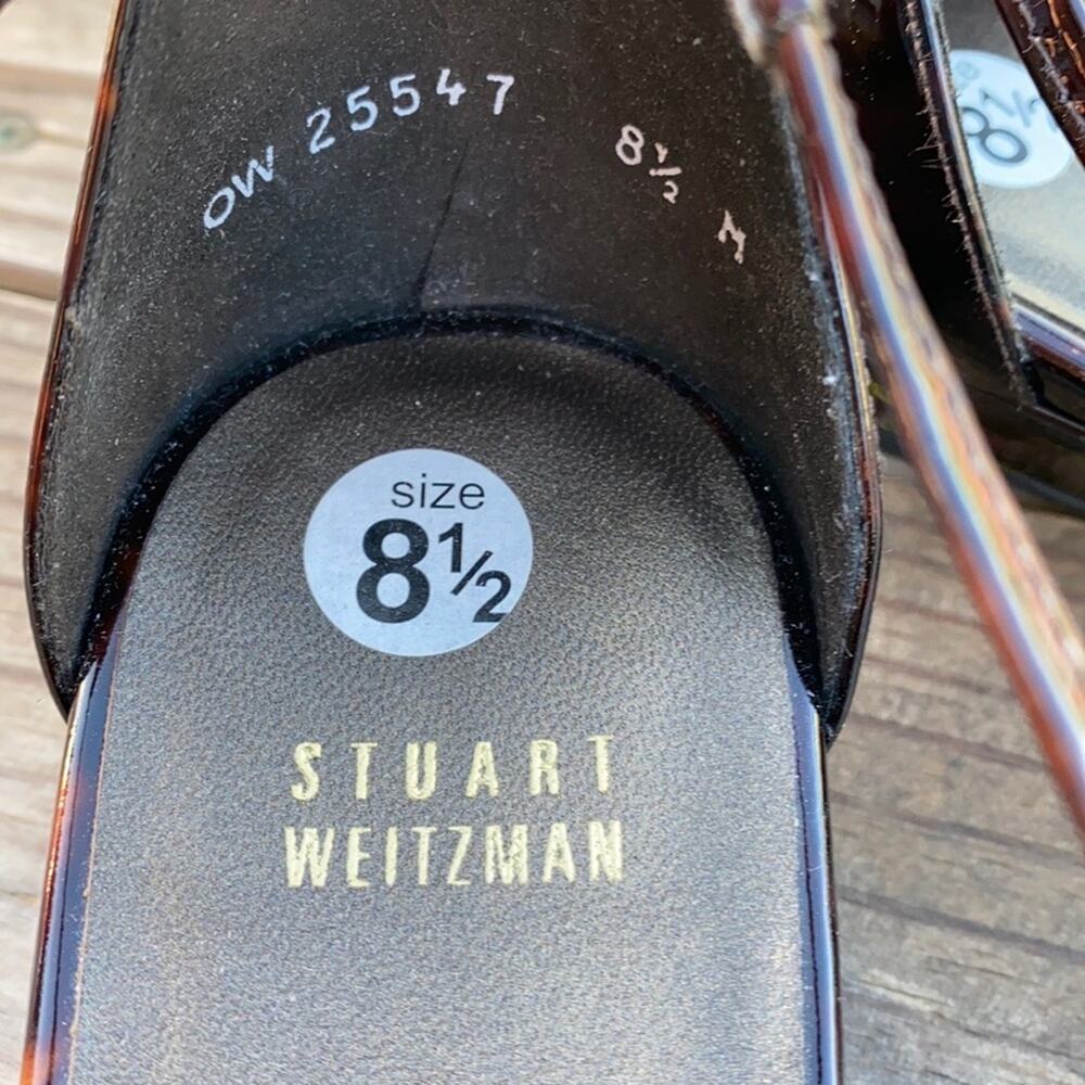 New Stuart Weitzman Brown Patent Leather Open Toe Strappy Wedge Sandals 8 1/2 M - Picture 10 of 11